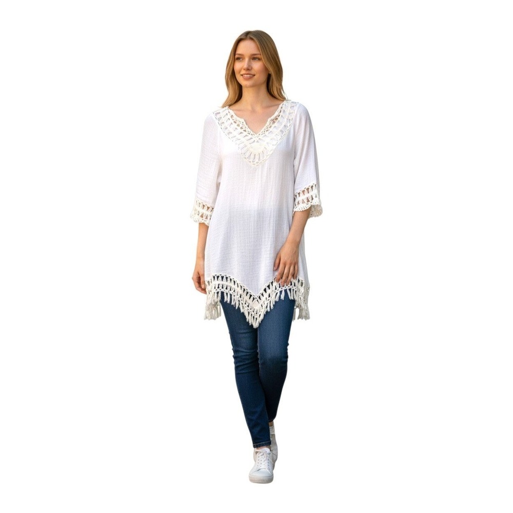 Venus White Crochet Lace V Neck Tunic Cover Up Top Shirt L - Picture 3 of 9